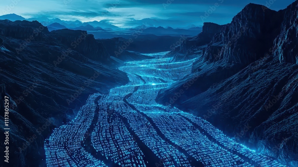 Poster abstract digital river of glowing binary sequences in a mystical landscape