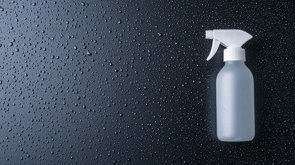 Disinfectant Spray Bottle Promoting Hygiene and Cleanliness, Spray bottle on a textured, water-droplet-covered surface.