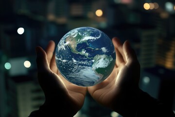 Fototapeta premium A person holds a small earth in their hands