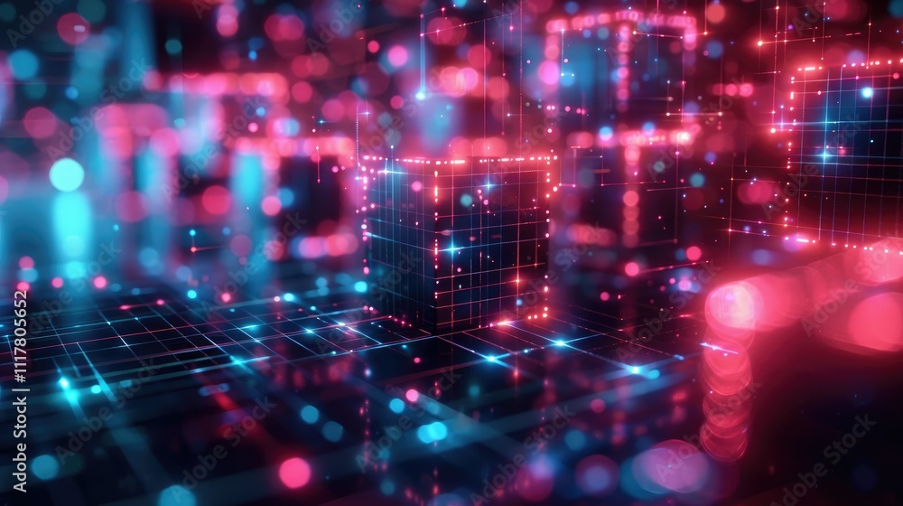 Poster abstract digital cubes glowing in red and blue, network data concept.