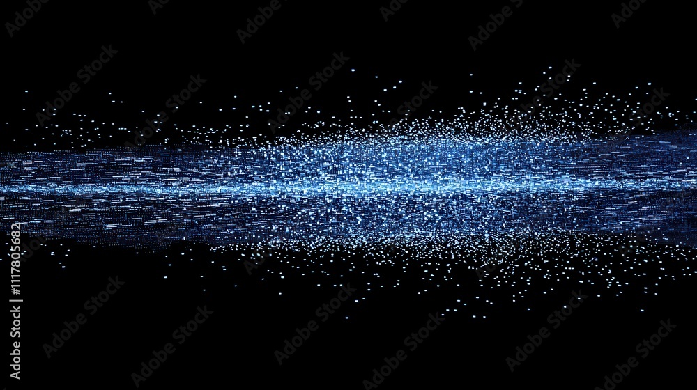 Poster abstract digital river of glowing binary sequences flowing through a dark background