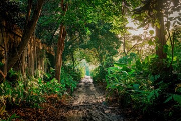 Fototapeta premium Path leading through lush green tropical forest canopy