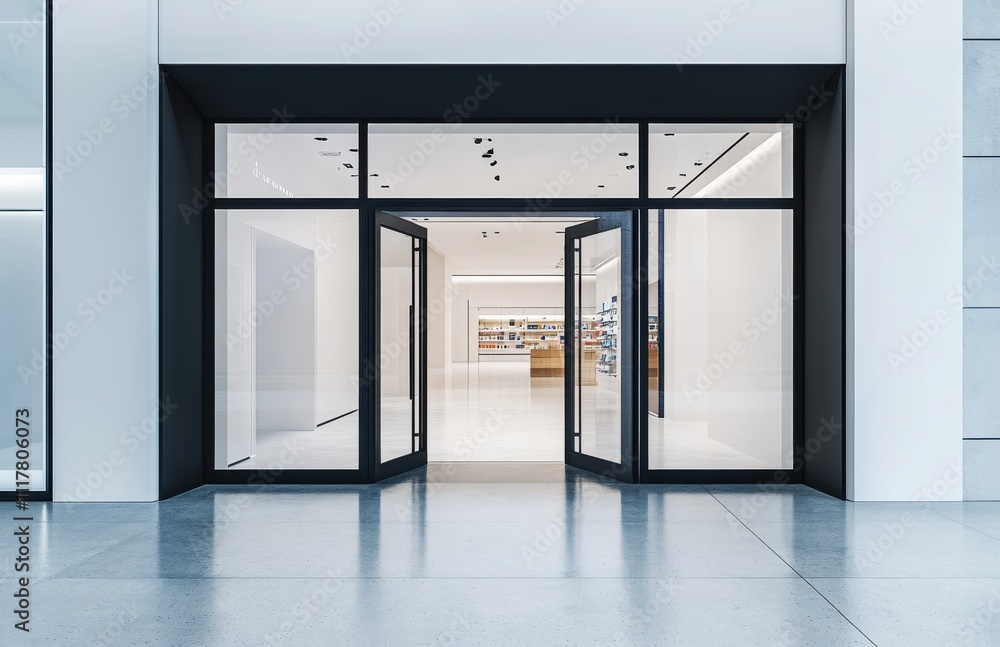 Aufkleber a store front with a large glass door and a black frame. the store is empty and the door is open. em