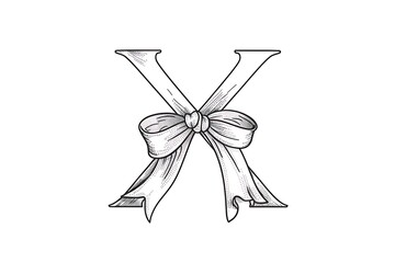Elegant letter X tied with a ribbon bow, hand-drawn illustration.