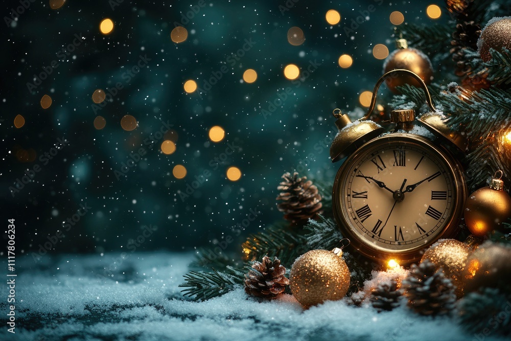 Poster retro alarm clock showing midnight with christmas decoration is counting down to new year while snow