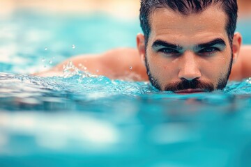 A person swims in a pool wearing a beard, suitable for editorial or humor use