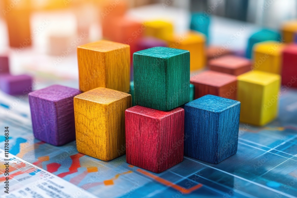 Poster a stack of wooden blocks with different colors on top of a blue background. the blocks are arranged 