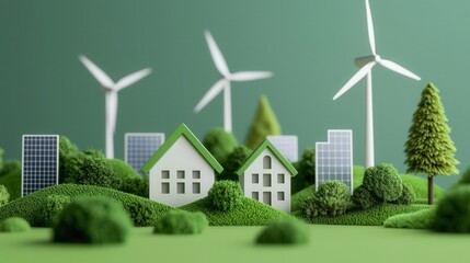 A miniature model showcasing eco-friendly homes, wind turbines, and solar panels set in a green landscape, symbolizing sustainable energy and environmental consciousness.