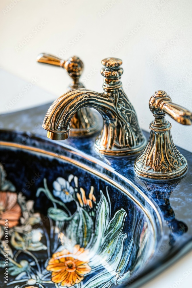 Poster a standard bathroom sink with two faucets, suitable for use in various settings