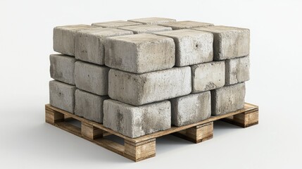 Obraz premium Stacked cement blocks on a wooden pallet, rough textures and natural tones highlighted on white.
