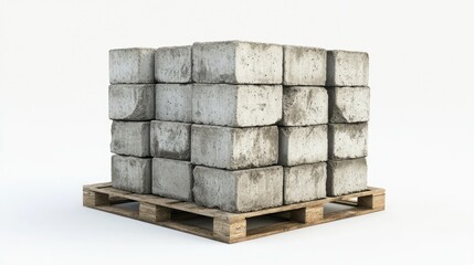 Fototapeta premium Stacked cement blocks on a wooden pallet, rough textures and natural tones highlighted on white.