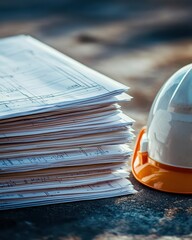 A stack of construction plans beside a hard hat on a work surface.