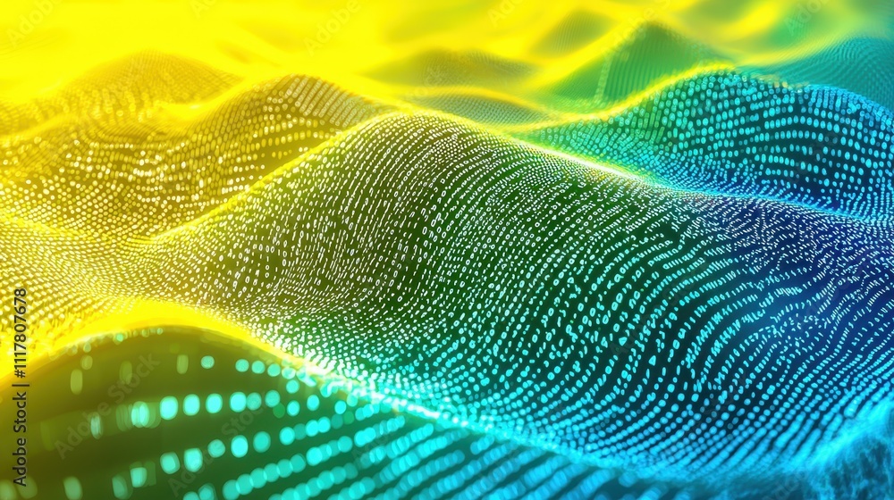 Poster flowing streams of light infused with binary patterns in vibrant colors and textures