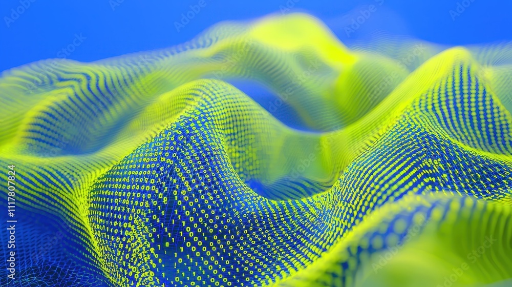 Poster flowing streams of light infused with binary patterns in a futuristic abstract design