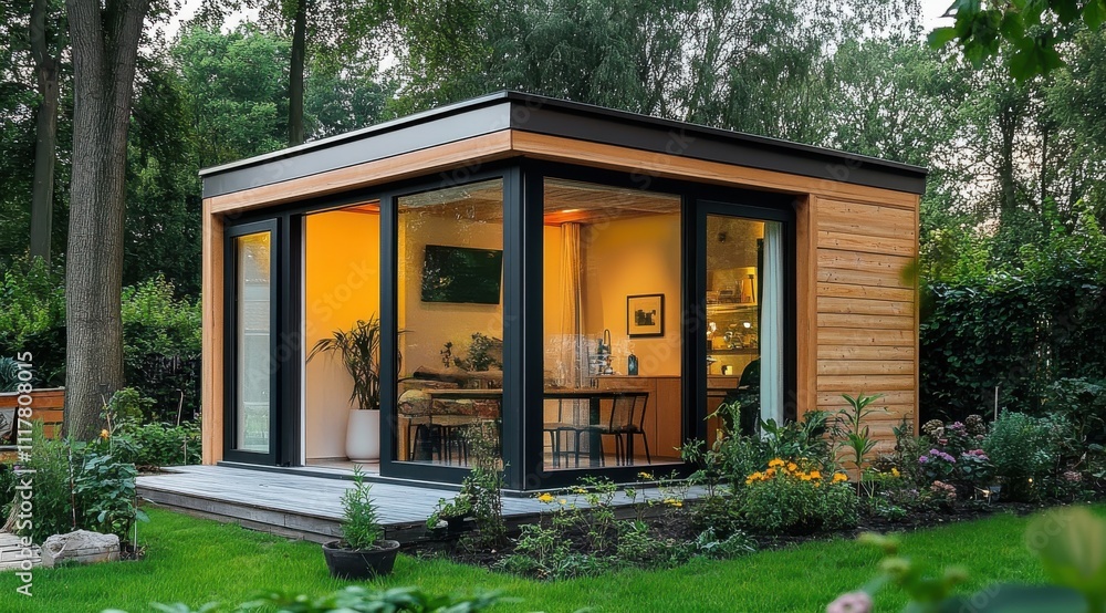 Poster a small house with a large window and a garden in front of it. the house is surrounded by trees and 
