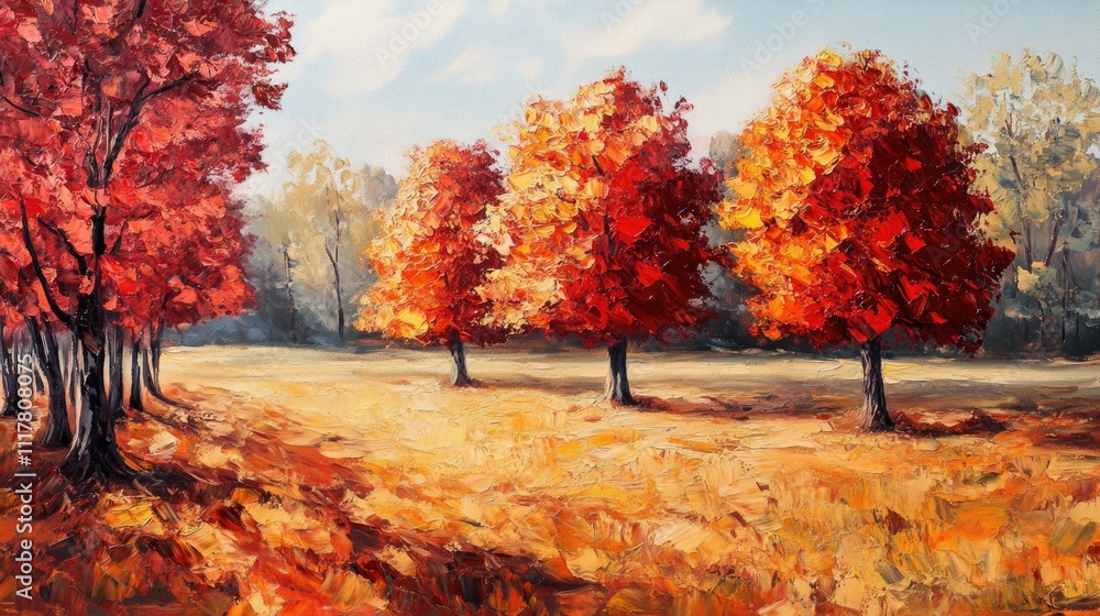 Poster A scene with three trees standing alone in an open field, providing shade and serenity