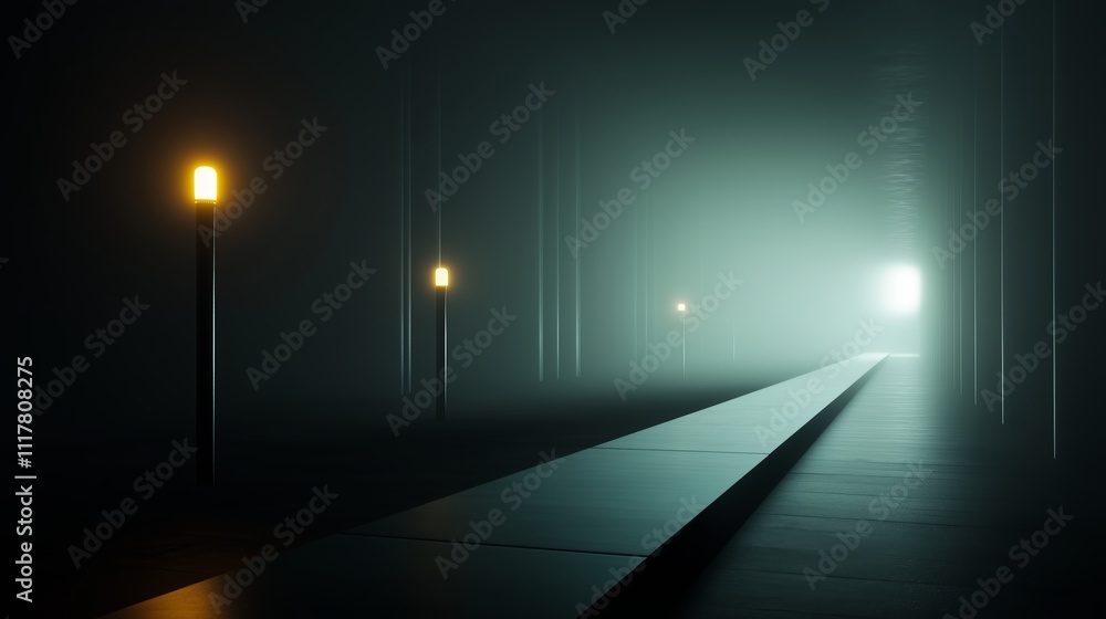 Poster mysterious pathway illuminated by soft lights leading to a bright exit in a darkened environment
