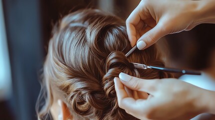 A woman getting her hair styled in a salon.
