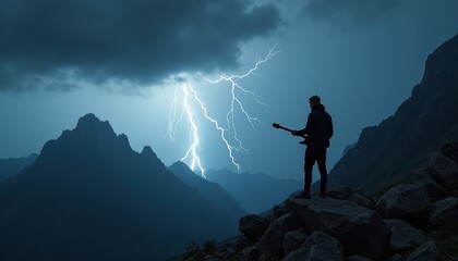 Dramatic Silhouette Musician Mountain Lightning Storm Rock Guitarist