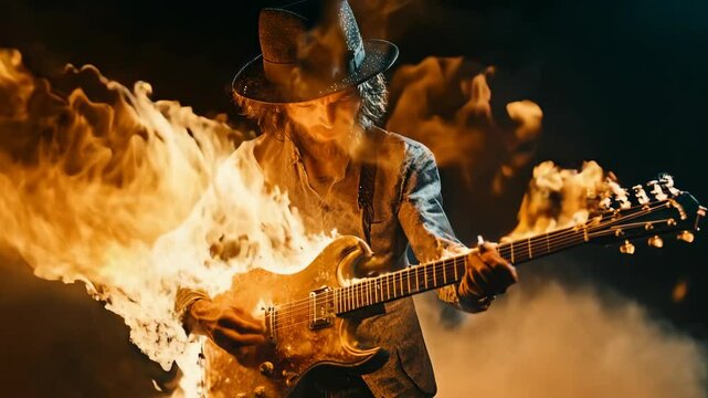 Guitarist in a hat and denim jacket is playing a flaming electric guitar on a dark stage. Smoke and fire surround him as he plays