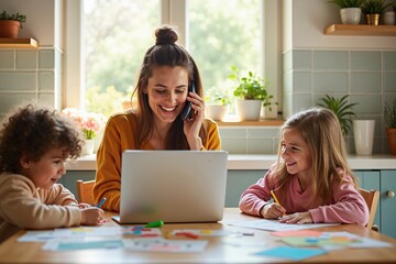 Madre trabajando desde casa mientras cuida a sus hijos, una escena que refleja equilibrio entre vida laboral y familiar en un entorno acogedor.
