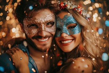 Happy couple wearing glittery masks embracing at carnival party