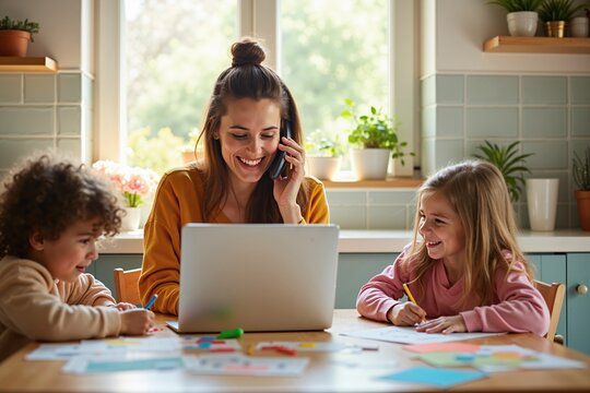 Madre trabajando desde casa mientras cuida a sus hijos, una escena que refleja equilibrio entre vida laboral y familiar en un entorno acogedor.
