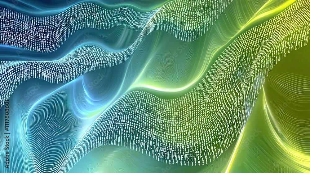 Poster flowing streams of light infused with binary patterns in vibrant digital artwork