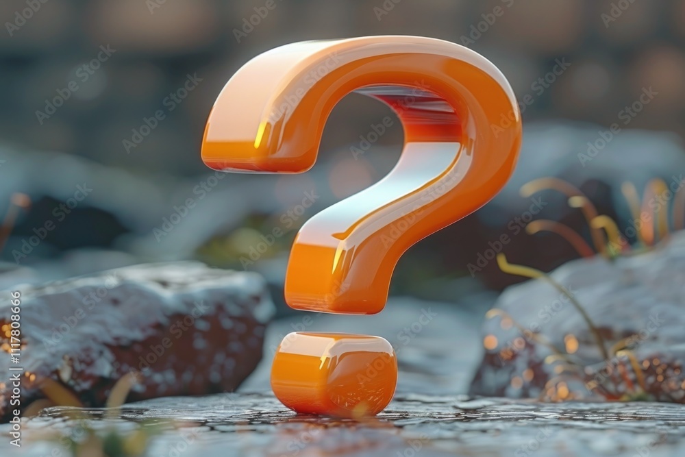 Aufkleber an orange question mark symbol perched on top of a pile of rocks, ideal for representing doubt or in