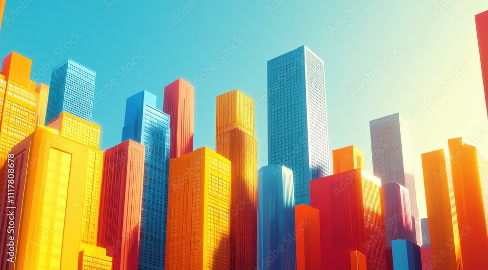 Poster a city skyline with many tall buildings in different colors. the buildings are arranged in a way tha