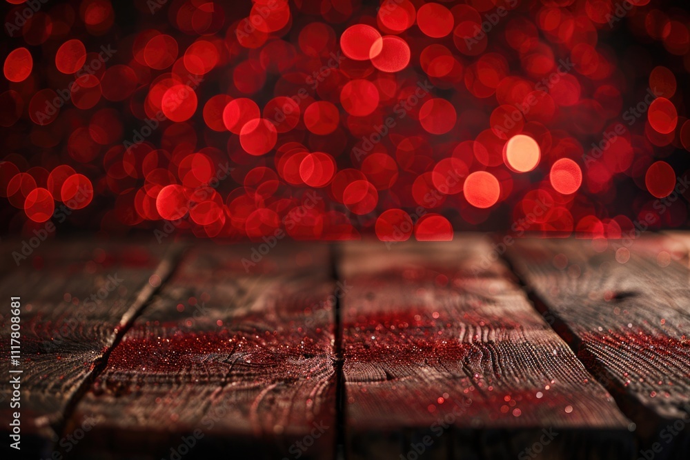 Poster A simple wooden table with red lights in the background
