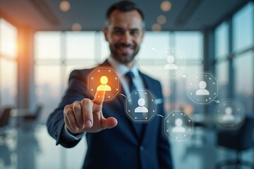 Ejecutivo tocando un holograma con íconos de personas, representando redes sociales, interacción digital y estrategias de conexión empresarial.
