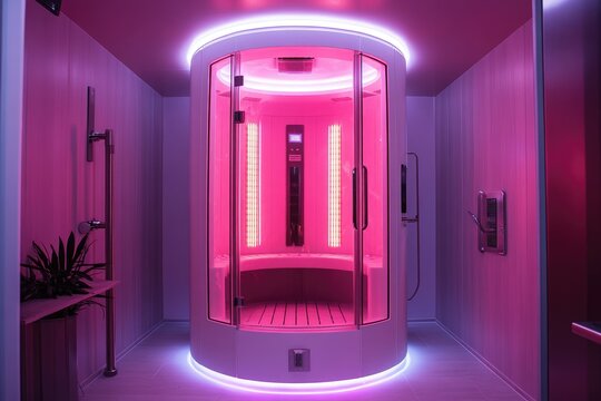 Modern infrared sauna cabin with chromotherapy lighting in luxury spa center