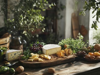 Beautifully Arranged Rustic Cheese Board with Fresh Fruits, Nuts, and Greens in Natural Indoor Setting for Perfect Culinary Inspiration