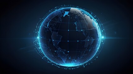 digital technology security concept Wireless connection of the global Internet communication network. Abstract globe resting on human hand with interconnected polygons on dark blue background.