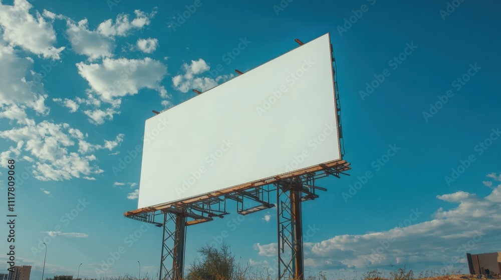 Poster a large billboard is standing in a field with a blue sky in the background. the billboard is white a