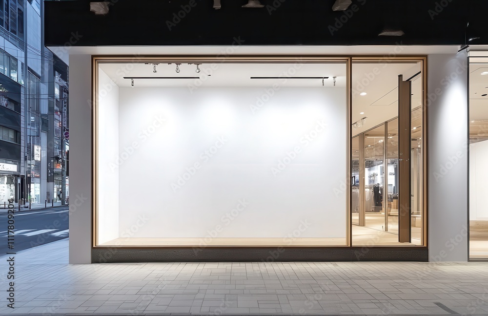 Poster a large window with a white background and a wooden frame. the window is empty and the store is clos
