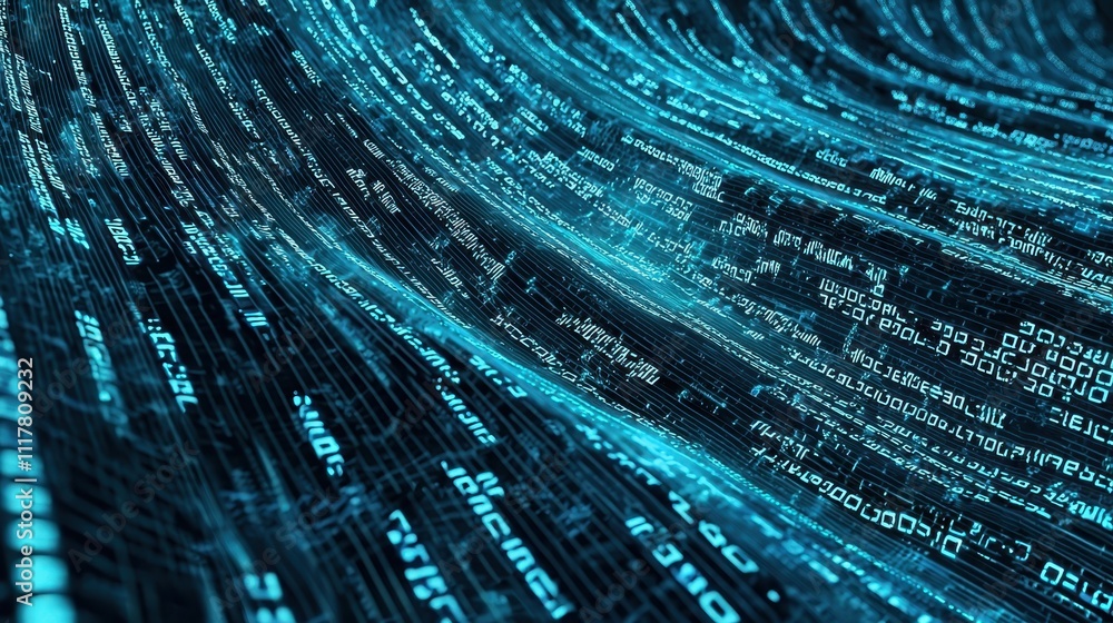 Poster flowing streams of light with infused binary patterns in a digital landscape