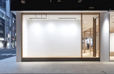 A large window with a white background and a wooden frame. The window is empty and the store is closed. Empty space for logo or text, mockup