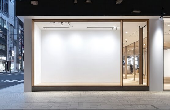 A large window with a white background and a wooden frame. The window is empty and the store is closed. Empty space for logo or text, mockup