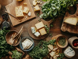 Overhead View of Rustic Kitchen Counter Displaying Various Cheeses and Fresh Herbs, Perfect for Culinary Inspiration and Gourmet Food Styling