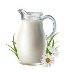 3d realistic vector icon illustration. Dairy farm. Milk jug with green grass and flowers.