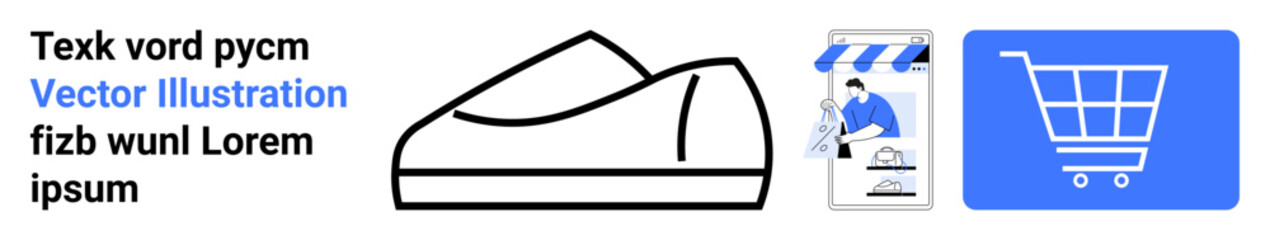 Defined shoe outline, online store review scene, and blue shopping cart. Ideal for online retail, e-commerce websites, shoe stores, product reviews, digital shopping guides, e-marketing tactics