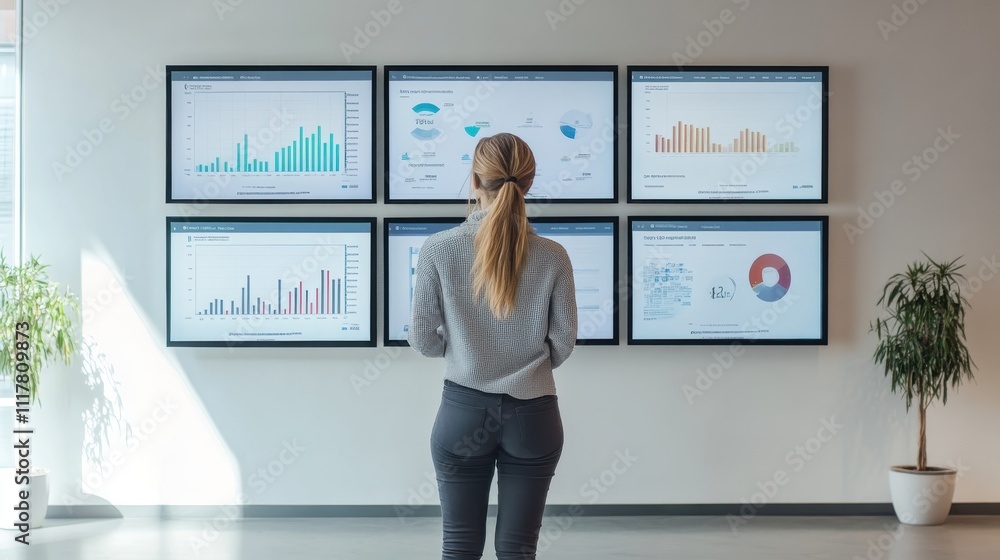 Poster a woman stands in front of a wall of monitors displaying graphs and charts. she is focused on the da