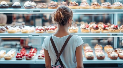 A woman is looking at a display of cupcakes in a store. She is wearing a white shirt and a brown belt