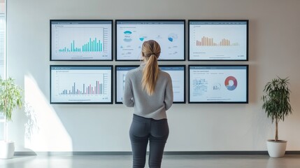 A woman stands in front of a wall of monitors displaying graphs and charts. She is focused on the data displayed on the screens. The room has a modern and professional atmosphere