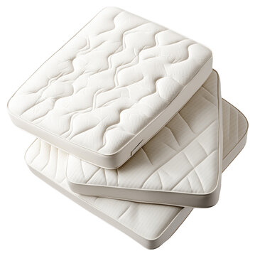 Three stacked white mattresses with textured patterns