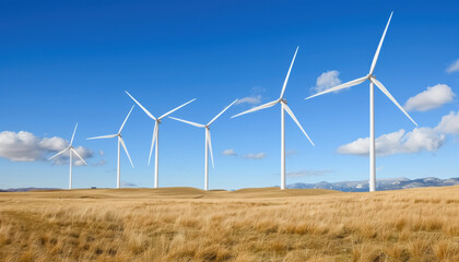 Energy infrastructure development at a renewable power site, A panoramic view of wind turbines set against a clear blue sky, showcasing renewable energy in a sustainable landscape.