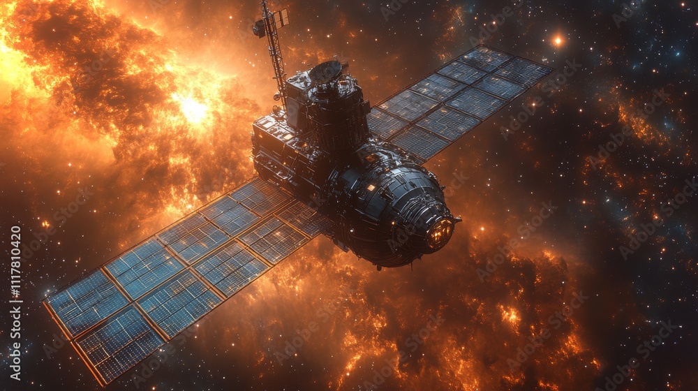 Poster exploring the universe with a high-tech space observatory in vibrant cosmic settings