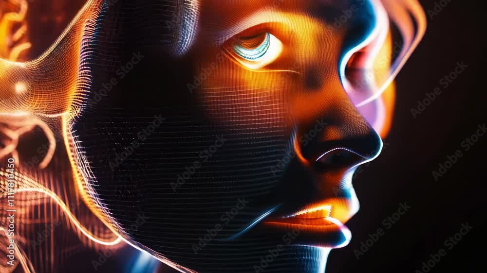 Poster woman's face transforms with flowing particles and mesh, morphing from human to artificial intellige